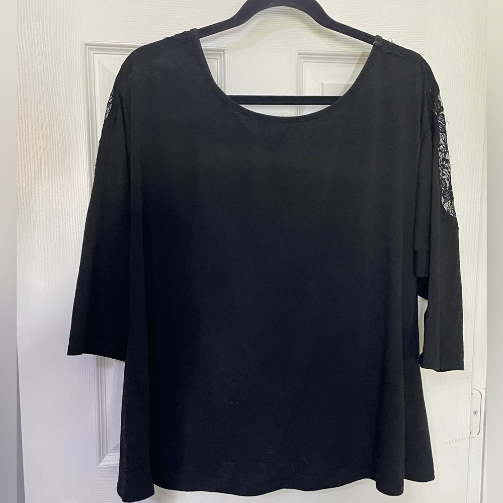 Torrid Black Lace 3/4 Sleeve Scoop Neck Blouse with Lace Accents, Plus Size 0